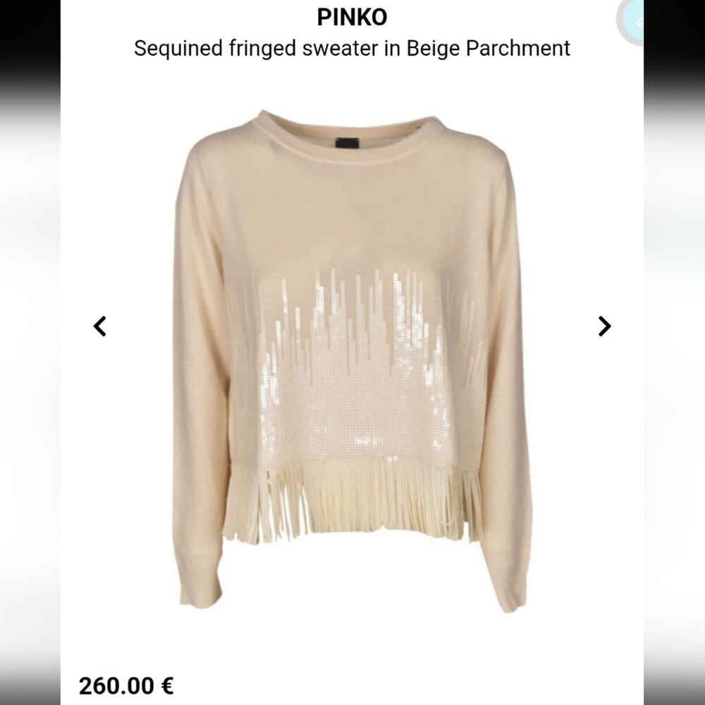 Pinko Cream Wool Cashmere Sweater with Fringe and Sequins Medium